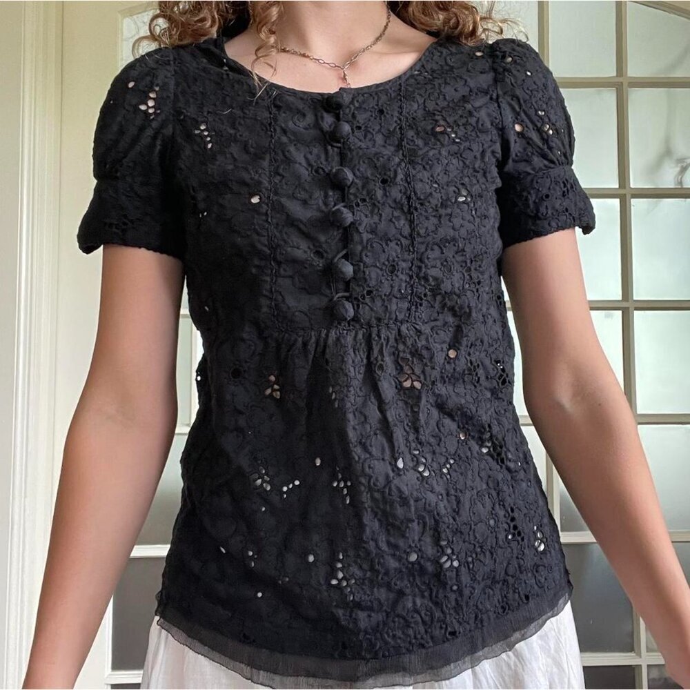 Juicy Couture Black Eyelet Puff Sleeve Blouse Size 2